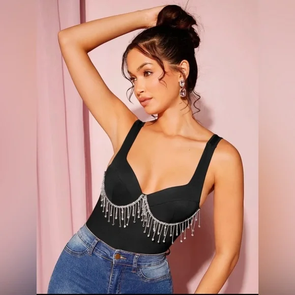 Rhinestone Fringe Trim Bodysuit - Picture 4 of 6